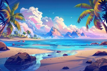 Wall Mural - A scenic beach scene with palm trees, rocks, and calm waters