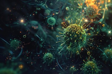 Wall Mural - Microscopic view of virus cells attacking human body, concept for medical or science purpose