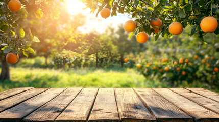 Poster - Wooden Tabletop in Orange Grove with Sunbeams