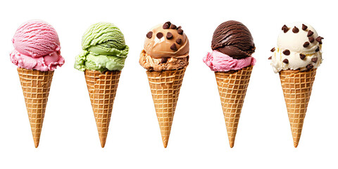 Ice cream scoop on waffle cone on transparent background cutout, PNG file. Many assorted different flavour Mockup template for artwork design.