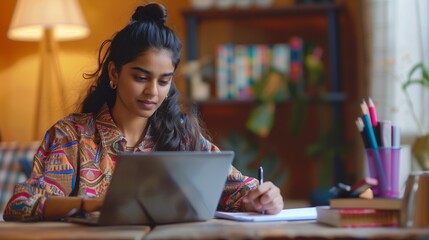 Young adult indian student woman taking notes while using laptop computer at home. millennial ethnic female learning online listening virtual video call. business and education concept.