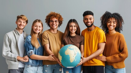 Group of young people holding a globe earth.