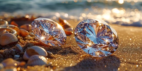 two sparkling diamonds on a beach with seashells and the ocean in the background.