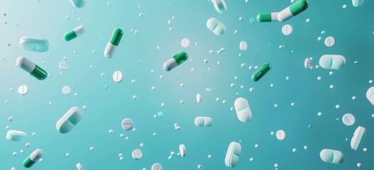 Wall Mural - White and Green Pills Falling on green blue teal Background in Flat Lay, Representing Medicine, Healthcare, and Pharmaceuticals. 