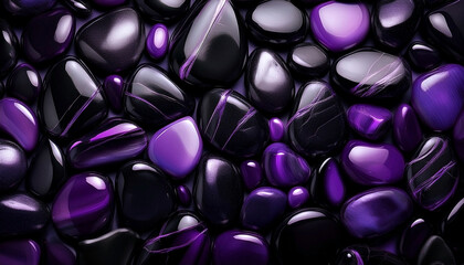 Shiny purple and obsidian black pebbles background