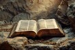 © nsit0108 - Old, open bible resting on rocks receiving sunlight in a cave