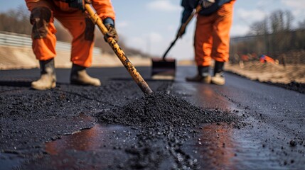 workers in orange overalls placing a new coating of asphalt on a road