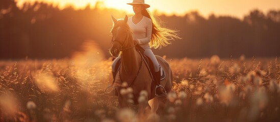 Wall Mural - Silhouette of a Woman Riding a Horse at Sunset