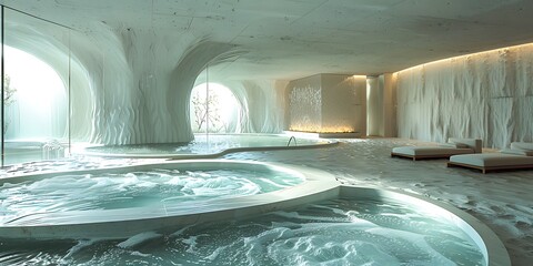 High-tech spa with jacuzzi, sleek surfaces, and modern architecture.