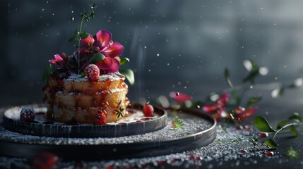 Poster - A delicious stack of gourmet pancakes adorned with fresh berries and vibrant flowers on a stone plate. 