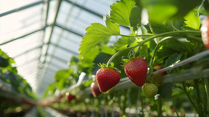 Sticker - Ripe Strawberries Growing in a Greenhouse