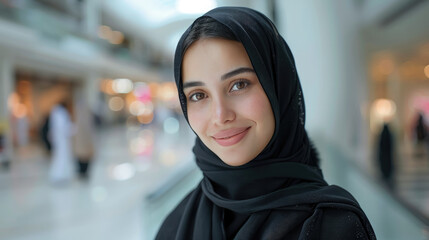 Wall Mural - beautiful young smiling arab woman in black hijab in a shopping mall, sheila, scarf, dress, traditional clothing, oriental fashion, middle east, UAE, Dubai, muslim, islamic, religious, shop, store