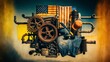 © Constantine Art - A vibrant display of labor symbols with gears, work clothes, and American flags capturing the essence of Labor Day