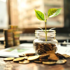 A sprout emerging from a jar of coins symbolizes growth, investment, and financial success in modern finance.