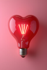 Wall Mural - A red light bulb with a heart shape in the middle. Concept of love and warmth