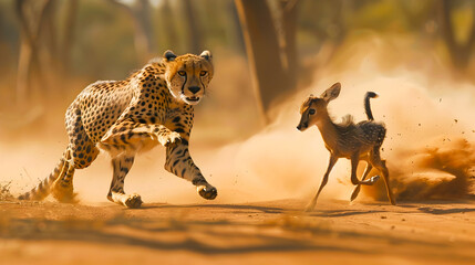 Wall Mural - cheetah chasing deer at high speed on dirt road in wild nature powerful predator pursuing its prey i
