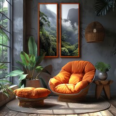 Poster - Cozy modern sitting area with round rattan chair and ottoman. Orange cushions create a relaxing vibe. Large window and lush greenery offer nature connection.