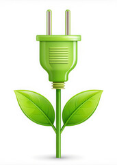 green electric plug on a white background, plant leaves, ecology, green technology, energy saving, illustration, device, science, household appliances, nature, environmentalism, electricity