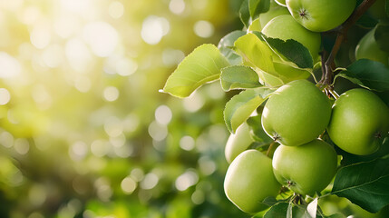 Wall Mural - Fresh Green Apples on a Branch in a Sunny Orchard