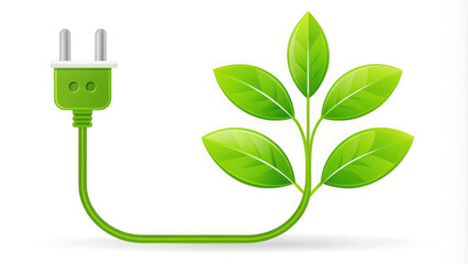 green electric plug on a white background, plant leaves, ecology, green technology, energy saving, illustration, device, science, household appliances, nature, environmentalism, electricity