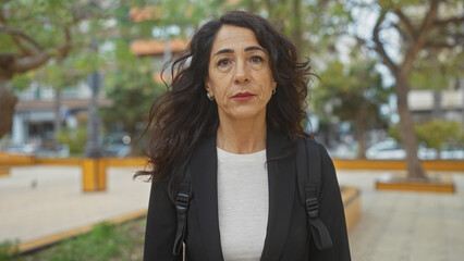 Mature hispanic woman with dark hair standing confidently in a bustling city park setting during daylight.