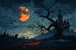 © mattegg - Spooky Halloween Banner: Graveyard, Castle, Full Moon, and Bats Under Dark Night