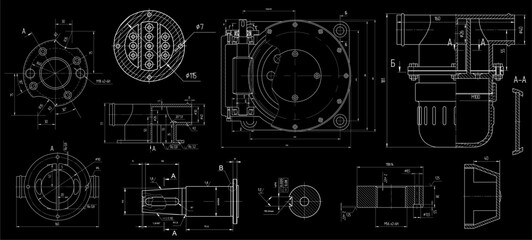 Vector set of steel mechanical devices with shaft, 
gear, electric engine, bolted connection 
and dimension lines. Assembly drawing of cylindrical 
worm reducer. Engineering technical cad scheme. 
