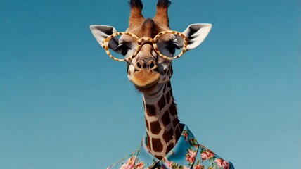 funny giraffe wearing in sunglass and jacket on the blue background.