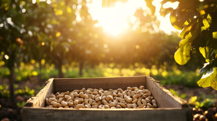 Sticker - Cashew Nuts in Wooden Crate on Cashew Plantation at Sunset