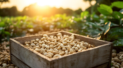 Sticker - Cashew Nuts in Wooden Crate in Cashew Plantation at Sunset