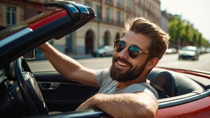 Happy smiling  man driving  cabriolet car in the city.