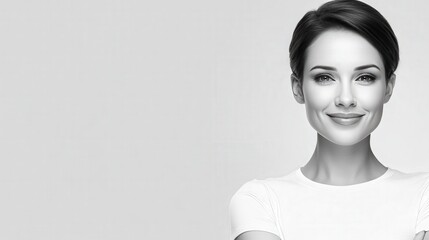 Wall Mural - A 19-year-old girl with straight short hair wearing a white T-shirt, solid white background-, black and white image, copy space