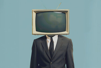 Futuristic scene. A man in a business suit with a TV instead of a head. 