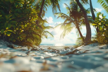 Wall Mural - A sunny day with palm trees and a beach in the background, suitable for travel or vacation images