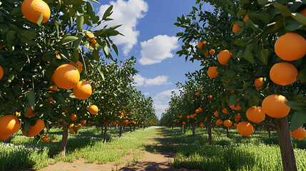 Poster - Orange Grove with Lush Greenery and Blue Sky