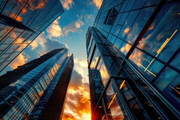 Wall Mural - Tall buildings at dusk, cityscape with evening light