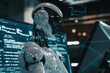 Sophisticated ai robot is working with a futuristic computer interface in a digital data center