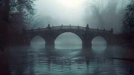 A bridge spans a river in a foggy, misty atmosphere