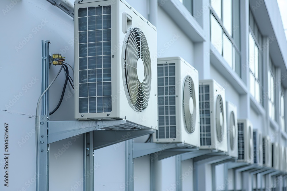 Multiple air conditioners are installed on the exterior wall of a ...
