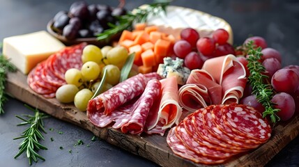 Canvas Print - A wooden board with a variety of meats and cheeses, including ham, salami