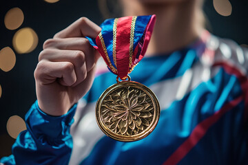 Photograph of an Athlete Receiving a Medal: An athlete on a podium receiving a gold medal.