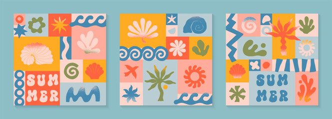 Wall Mural - vector summer illustrations with nature organic shapes,doodles.groovy boho palm,beach,surf,waves,sun