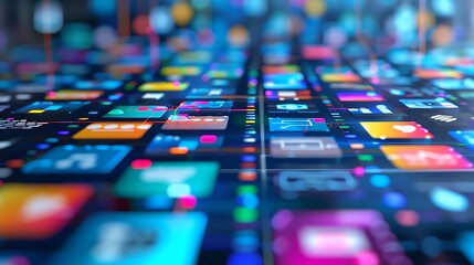 Abstract digital grid of colorful icons.