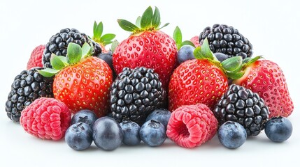 Wall Mural - Fresh and ripe strawberries, blackberries, raspberries, and blueberries, arranged in a cut out