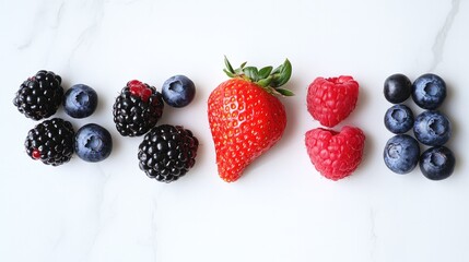 Wall Mural - Fresh berries assortment: strawberries, blackberries, raspberries, and blueberries, cut out on white