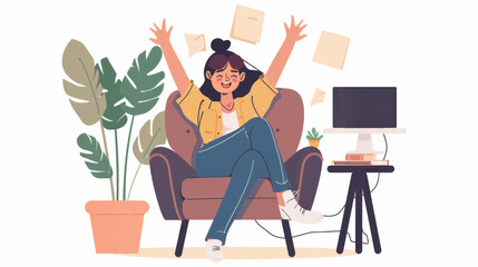 A happy and lovely female software developer relaxing on an armchair in her comfy indoor workspace, beaming with excitement.