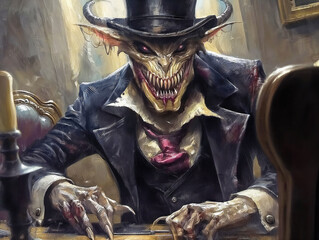 Sticker - A creepy monster with a hat and a tie sits at a table with a gun. The monster has a menacing look on its face and seems to be ready to attack. The scene is dark and eerie, with a sense of danger