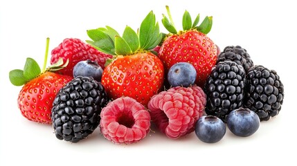 Wall Mural - Vibrant mix of fresh strawberries, blackberries, raspberries, and blueberries, cut out and isolated