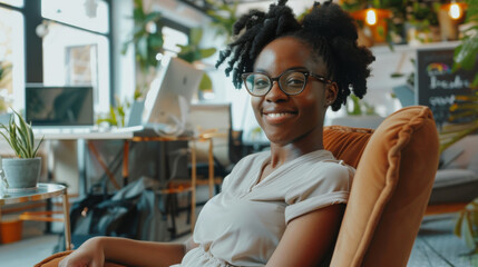 A joyful female software developer seated on a plush armchair in a modern indoor workspace, radiating happiness.