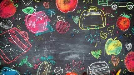 Poster - A vibrant chalkboard adorned with colorful drawings of classroom items, bringing life and creativity to the educational space. Generative AI